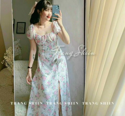 Đầm hoa maxi nhíu ngực xẻ đùi