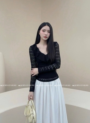 Áo ren ôm body cổ V bèo - Đen 1511