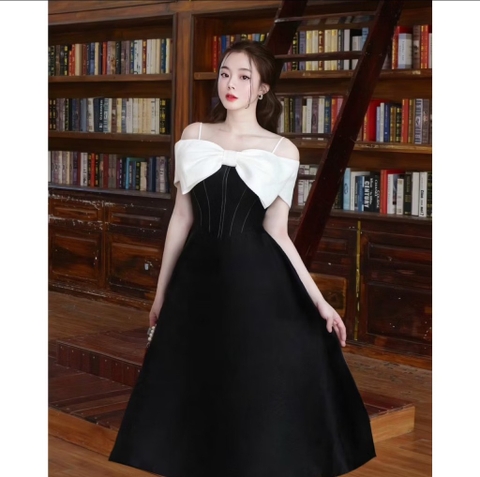 BIGSIZE 55-65kg - Đầm đen trễ vai nơ trắng