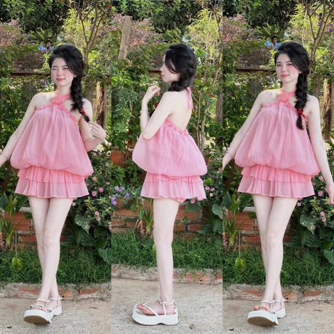 Set áo voan hồng cổ yếm chân váy xòe tầng