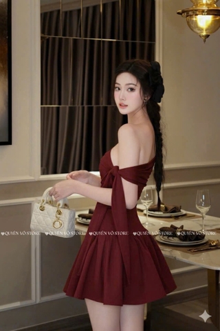 Đầm nhún lệch vai cột nơ - Đỏ