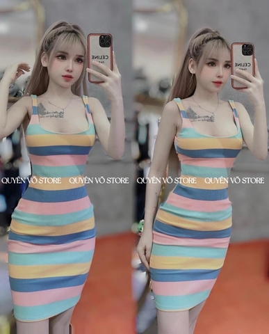 Đầm body 2 dây sọc cầu vồng