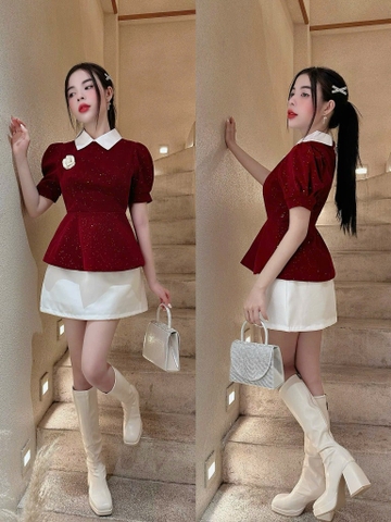 Set áo nhung đỏ kim tuyến peplum chân váy trắng