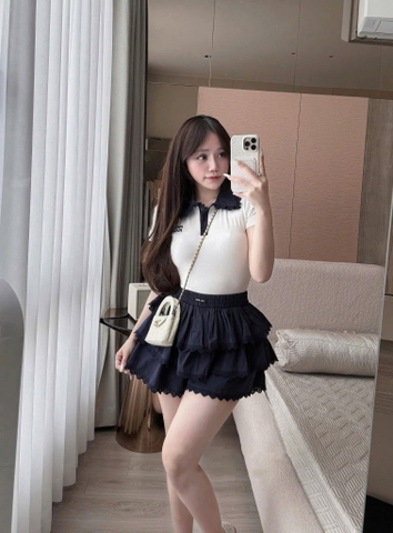 Set áo cổ polo chân váy tầng xòe - Trắng