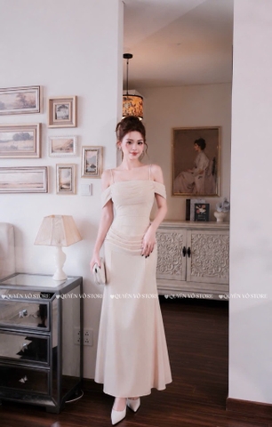 Đầm lụa 2 dây trễ vai - Kem