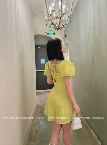 Đầm hoa nổi cột lưng - Xanh lá S