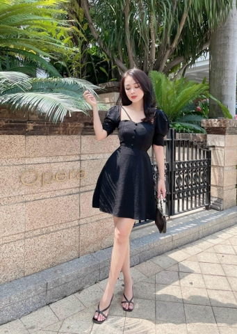 Đầm cổ V dây chéo nút bọc - S