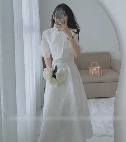 Đầm trắng tay tiên thắt nơ