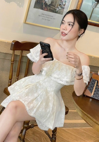 Set áo ren trễ vai hoa thắt nơ