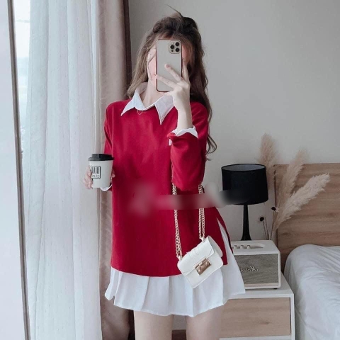 Đầm sơ mi trắng phối gile