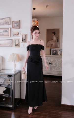 Đầm lụa 2 dây trễ vai - Đen