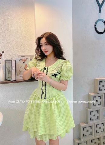 Đầm xanh chất gân ô