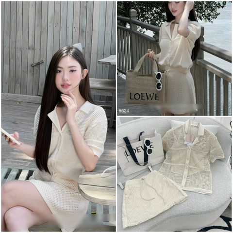 Set áo nude lưới cổ sơ mi chân váy rút dây