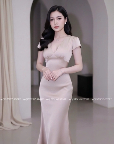 Đầm lụa cổ V - NÂU TÂY