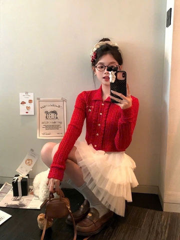 Set áo ôm tay dài cổ trụ chân váy voan 4 tầng