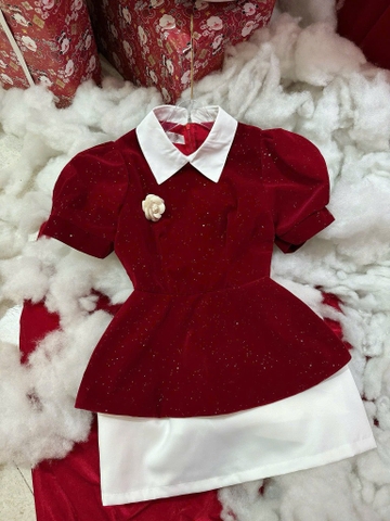 Set áo nhung đỏ kim tuyến peplum chân váy trắng