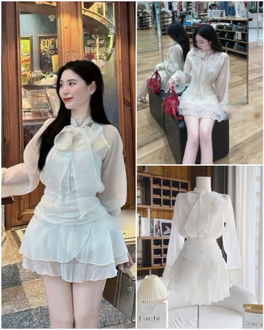 Set voan trắng nơ cổ x chân váy xòe tầng