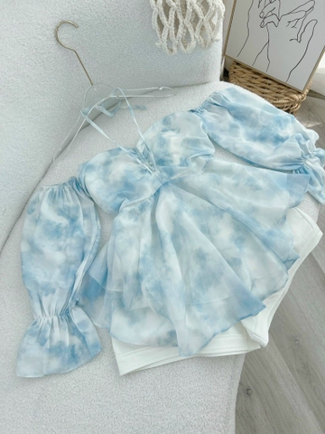 Set áo loang xanh cổ yếm trễ vai
