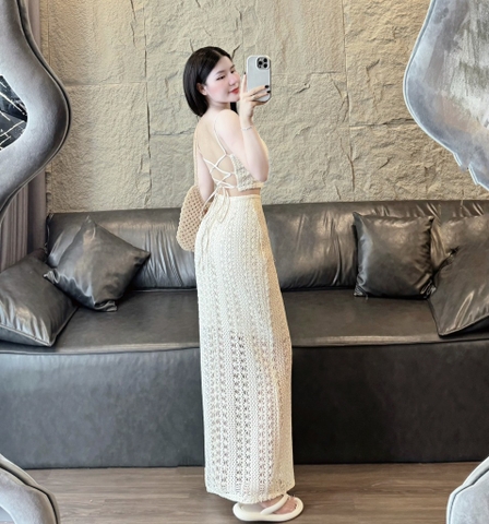Set crop nude ren len móc chân váy midi