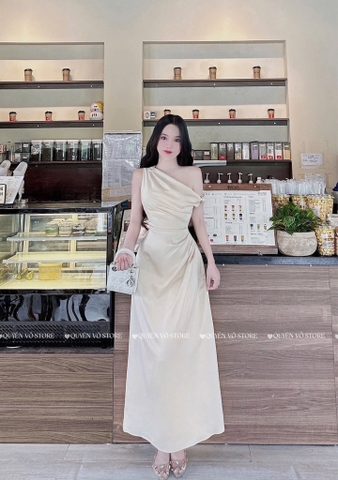Đầm lụa lệch vai xếp ly eo - Kem