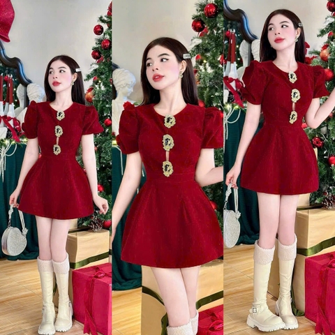 Đầm nhung đỏ tay phồng nhún khoét eo kèm tag