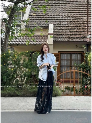 Chân váy ren xòe A dáng dài - Trắng