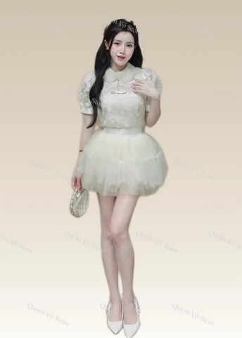 Set áo ren cổ ngọc chân váy lưới