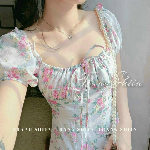 Đầm hoa maxi nhíu ngực xẻ đùi