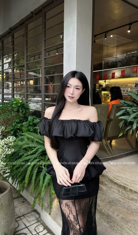 Set áo trễ vai chân váy đuôi cá ren - Đen