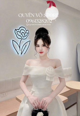 Đầm tafta trễ vai hoa hồng
