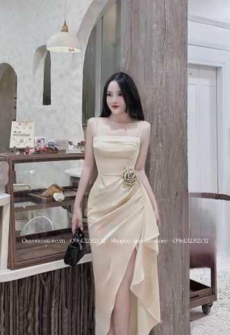 Đầm lụa 2 dây xẻ tà hoa eo
