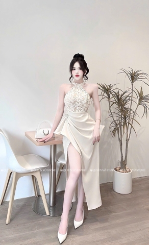 Đầm cổ yếm ren phối lụa ôm body - Kem