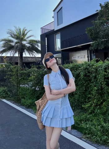 Đầm sơ mi xanh xếp li