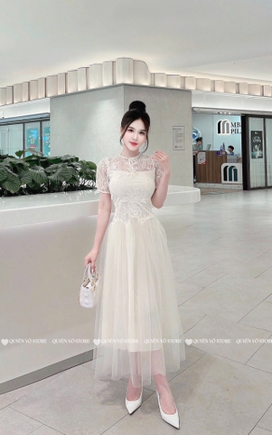 Đầm ren nơ thân voan - Be