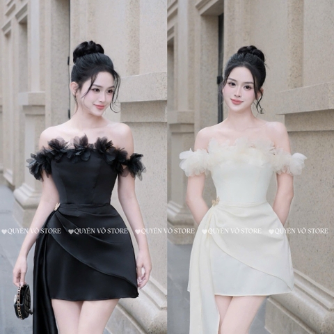 Đầm trễ vai hoa lụa chéo - Đen