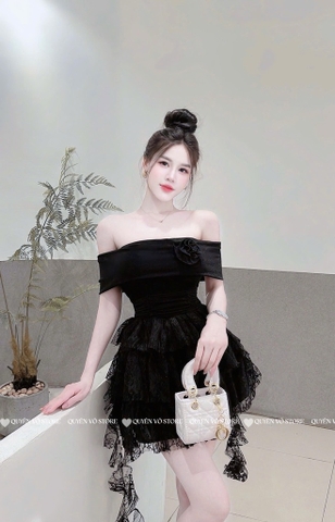Đầm trễ vai ren tua - Đen