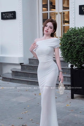 Đầm ôm body trễ vai dáng dài - Trắng