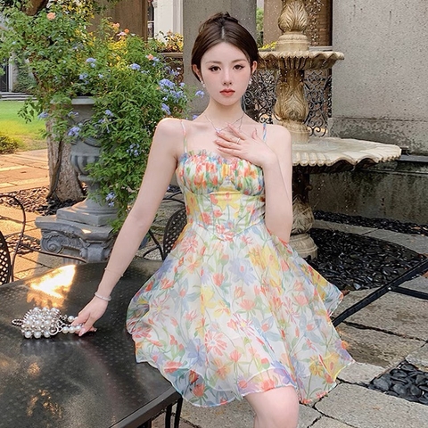 Đầm hoa nhún eo đệm ngực - S