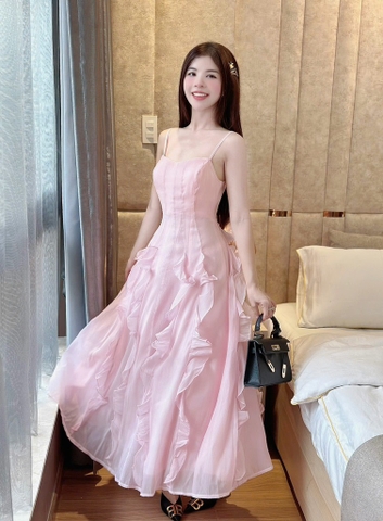 Đầm xòe hồng 2 dây phối bèo