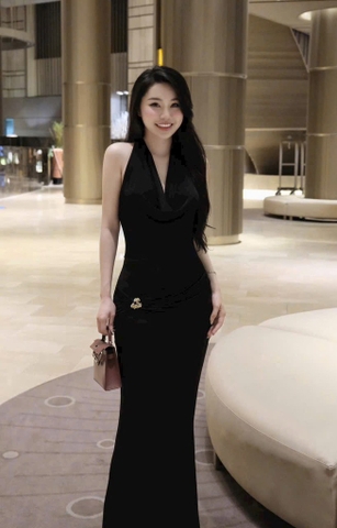 Đầm ôm body maxi thun ánh kim cổ đỗ trước