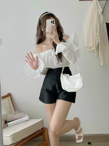 Set áo bẹt vai tầng tay bo chun
