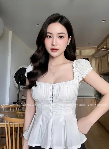 Áo ôm babydoll nút bọc - TRƠN TRẮNG