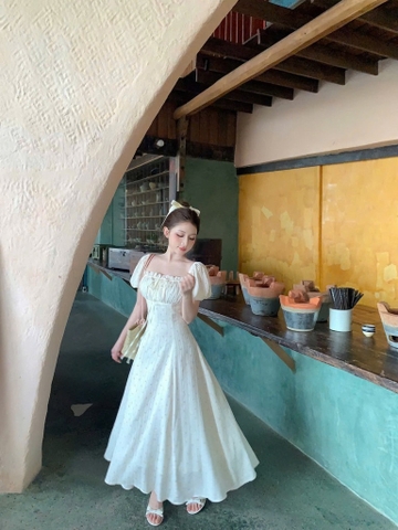 Đầm hoa nhí nơ ngực tay bồng