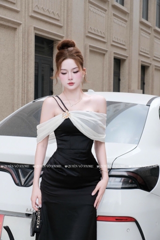 Đầm trễ vai lụa phối tơ hoa đá - Đen