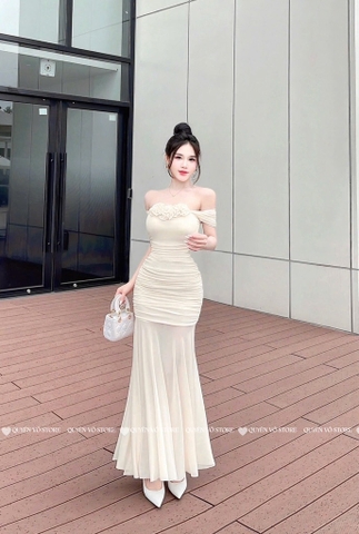 Đầm body trễ vai tà lưới - Be