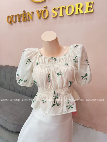 Áo nhún hoa thêu xanh