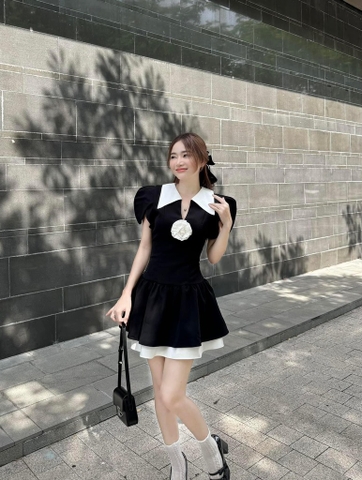 Đầm đen sơ mi cổ trắng đính hoa