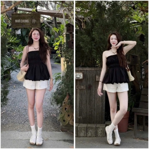 Set áo úp ngực đen x quần short trắng