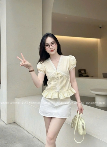 Áo sơ mi babydoll viền ren sọc - Vàng 1445