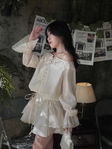 Set voan nude trễ vai đan dây x chân váy xòe - Nude
